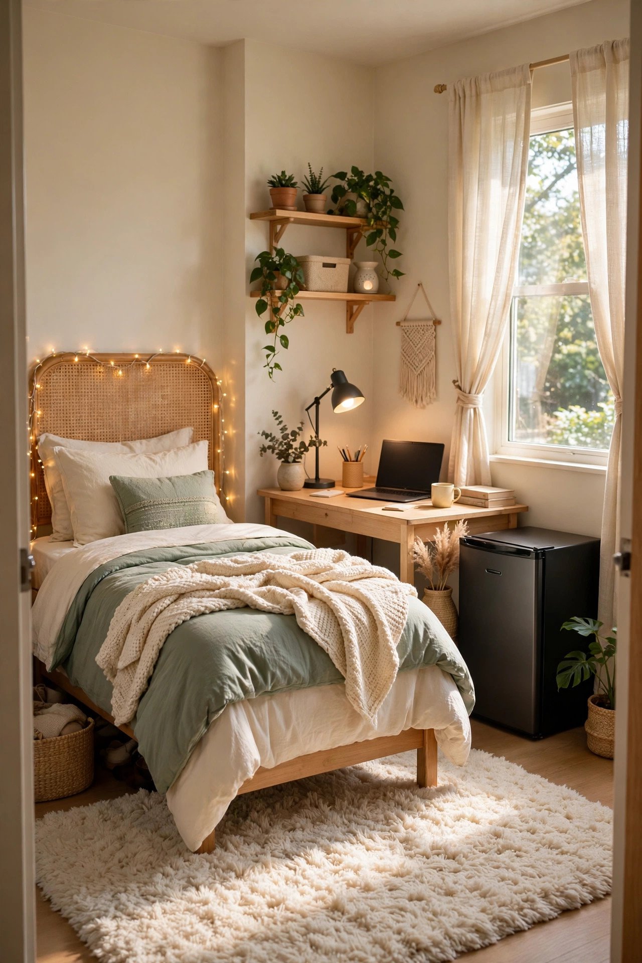 15 Aesthetic Dorm Room Ideas That Are Cozy, Cute & Dorm-Rule Safe 57 Aesthetic dorm room with twin XL bed, layered cream bedding, warm fairy lights and a cozy desk corner