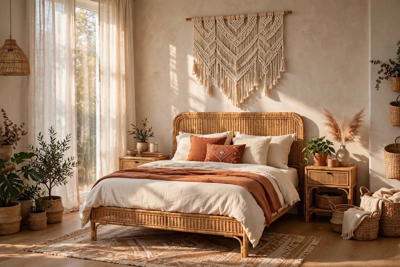 15 Boho Bedroom Ideas for a Relaxed, Earthy Room 31 Boho bedroom ideas overview with a rattan bed, macrame wall hanging, potted plants and earthy layered textiles in warm sunlight