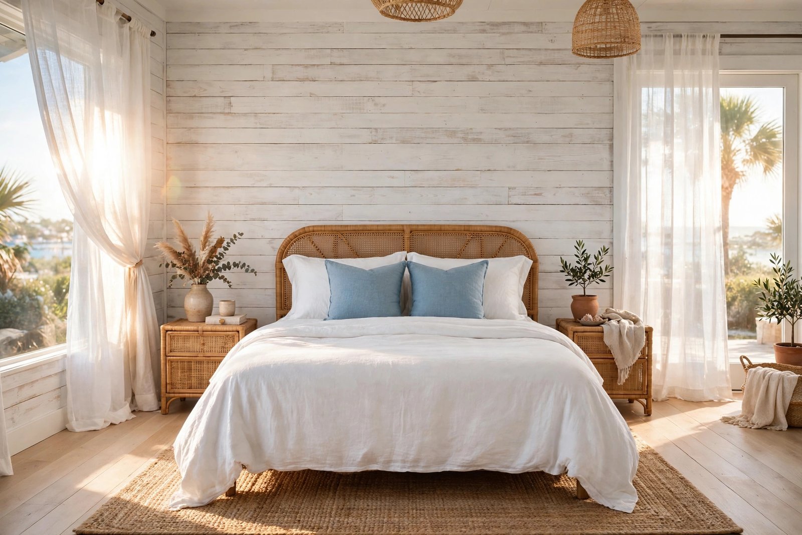 15 Coastal Bedroom Ideas for a Light, Breezy Room 18 Coastal bedroom ideas overview with whitewashed wood walls, white linen bedding, sea blue accents and rattan furniture in bright natural light