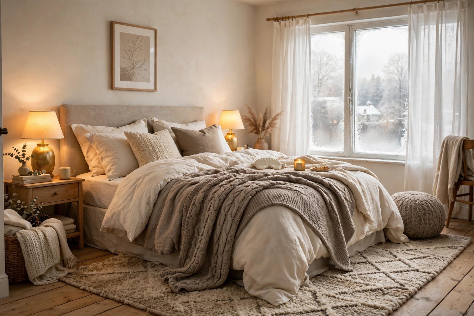 15 Cozy Winter Bedroom Ideas for a Warm, Restful Room 5 cozy winter bedroom with layered bedding and warm lighting
