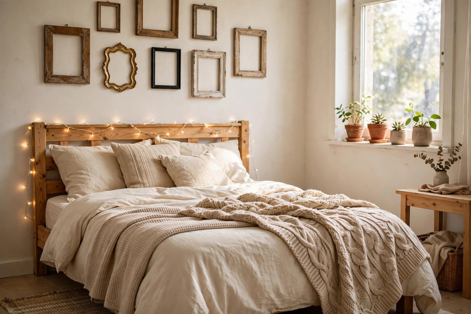 Aesthetic Room Ideas on a Budget: 15 Cheap Upgrades That Look Expensive 44 Cozy aesthetic bedroom decorated on a budget with fairy lights, layered neutral bedding and houseplants