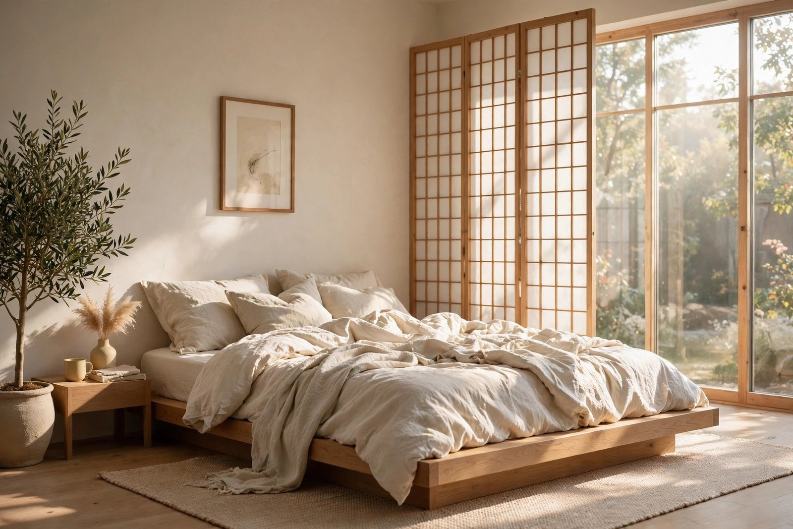 15 Japandi Bedroom Ideas for a Calm, Minimal Home 31 Japandi bedroom ideas overview with a low oak platform bed, shoji screen and linen bedding in warm daylight
