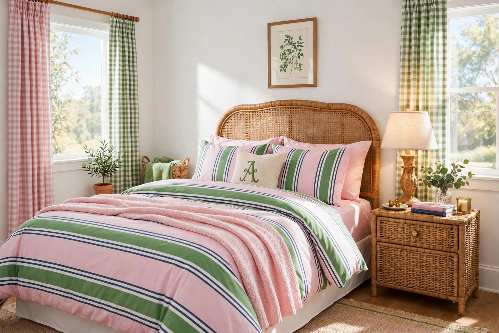 15 Preppy Bedroom Ideas for a Classic, Collegiate Look 18 Preppy bedroom ideas overview with pastel pink and kelly green striped bedding, monogram pillow, rattan headboard and gingham curtains