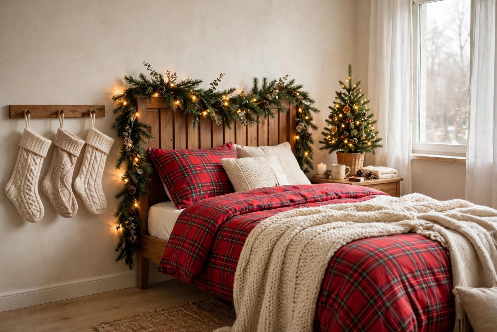 15 Christmas Bedroom Decor Ideas for a Cozy Holiday Retreat 5 Cozy christmas bedroom decor ideas with plaid bedding, a mini tree with warm fairy lights, garland on the headboard and stockings in soft winter daylight