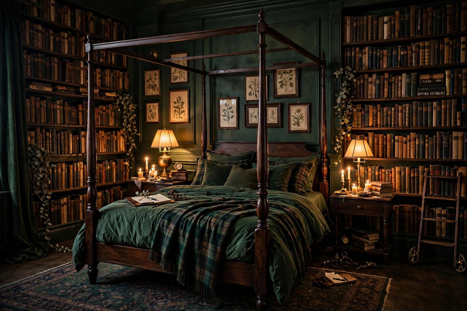 15 Dark Academia Bedroom Ideas for a Moody, Bookish Retreat 31 Dark academia bedroom ideas overview with a dark wood four-poster bed, floor-to-ceiling bookshelves and brass lamps in warm candlelight