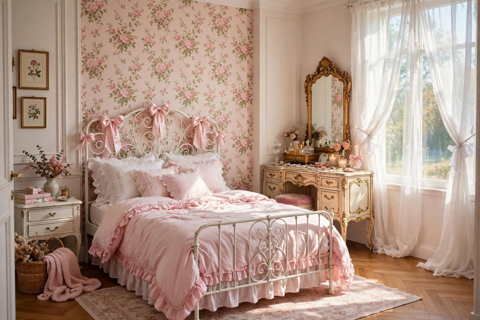 15 Coquette Bedroom Ideas for a Soft, Romantic Room 18 Coquette bedroom ideas overview with a vintage white bed, pastel pink ruffled bedding, floral wallpaper and satin bows in soft daylight