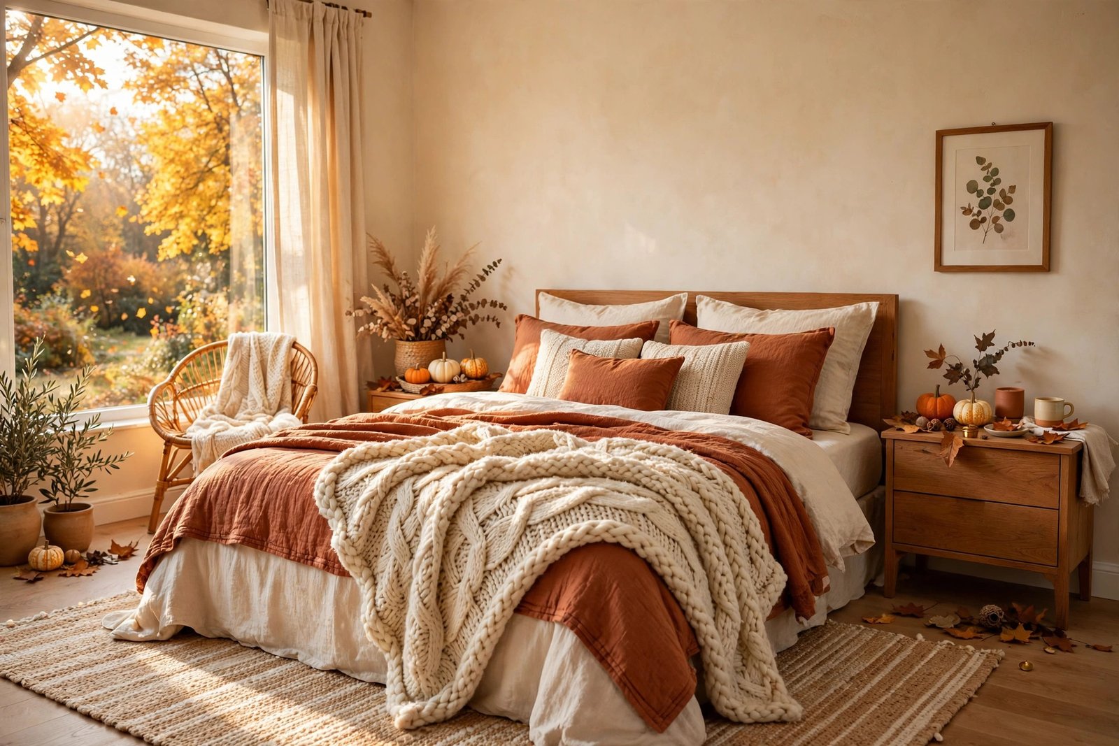 15 Cozy Fall Bedroom Ideas for a Warm Autumn Retreat 5 Cozy fall bedroom ideas overview with layered rust and cream bedding, chunky knit throw and warm autumn light