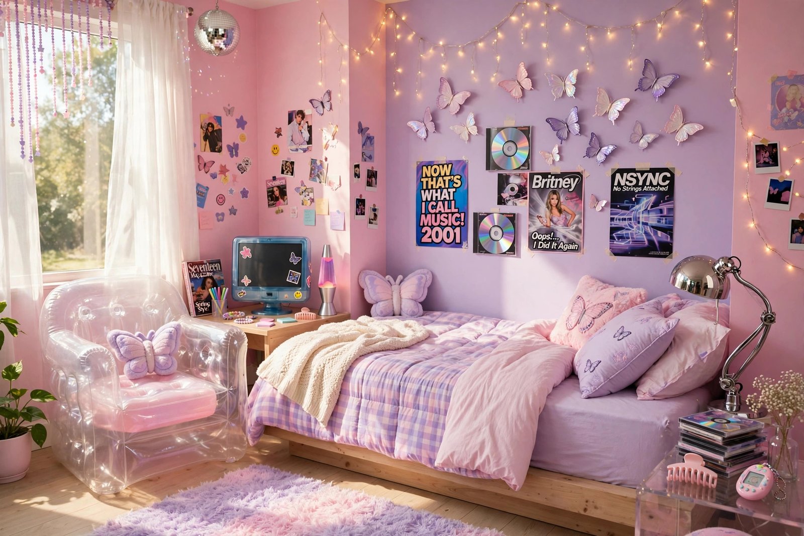 15 Y2K Bedroom Ideas That Bring Back the Best of the 2000s 70 Y2K bedroom ideas overview with pastel pink walls, inflatable chair, chrome accents and fairy lights