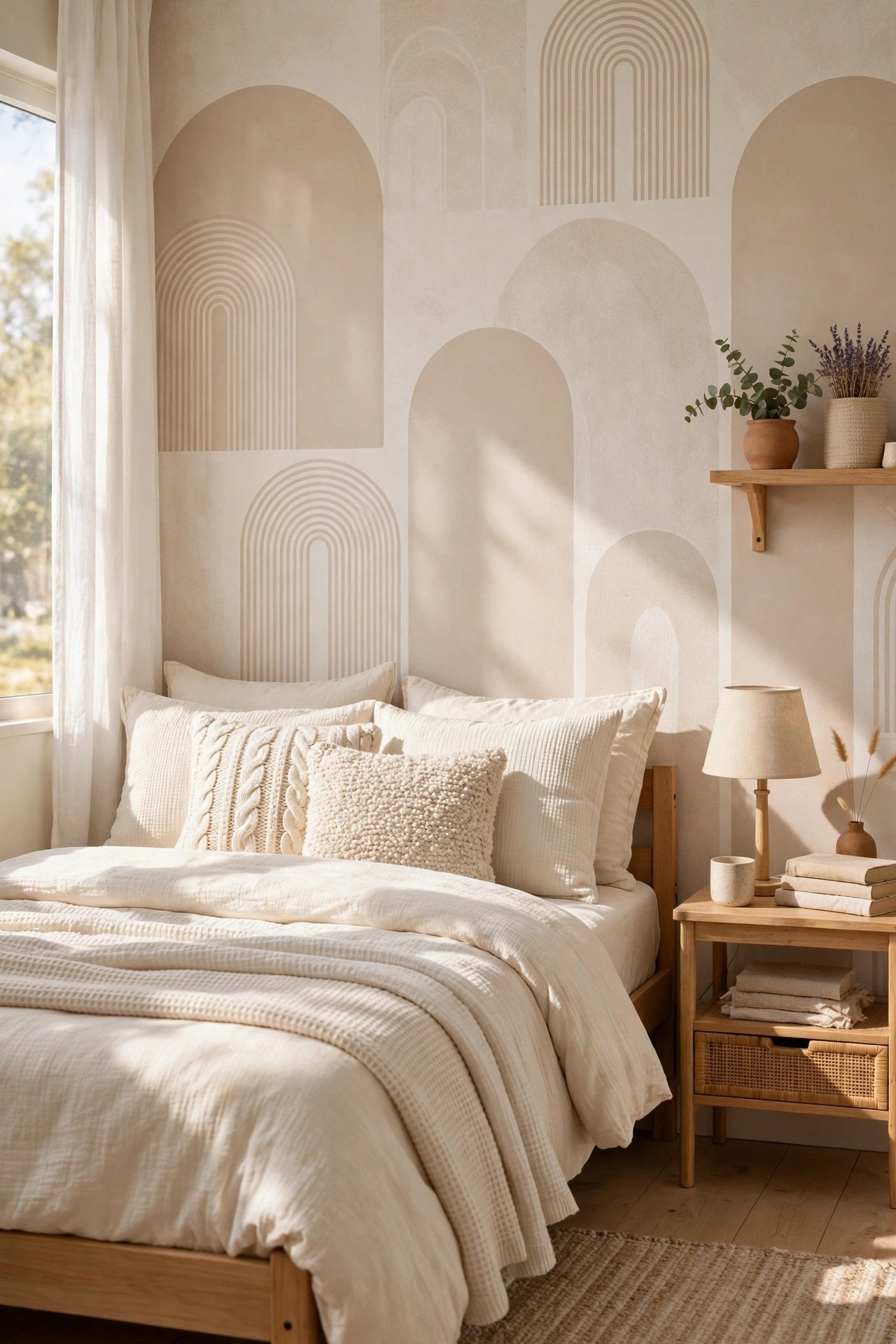 Dorm bed against a peel-and-stick wallpaper accent wall in soft beige arches pattern
