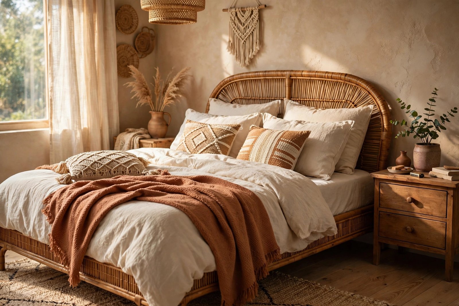 Rattan bed frame with layered cream and terracotta bedding in a boho bedroom ideas design