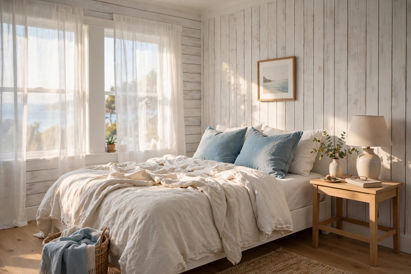 Whitewashed shiplap walls in a coastal bedroom ideas design with white bedding and sea blue pillows