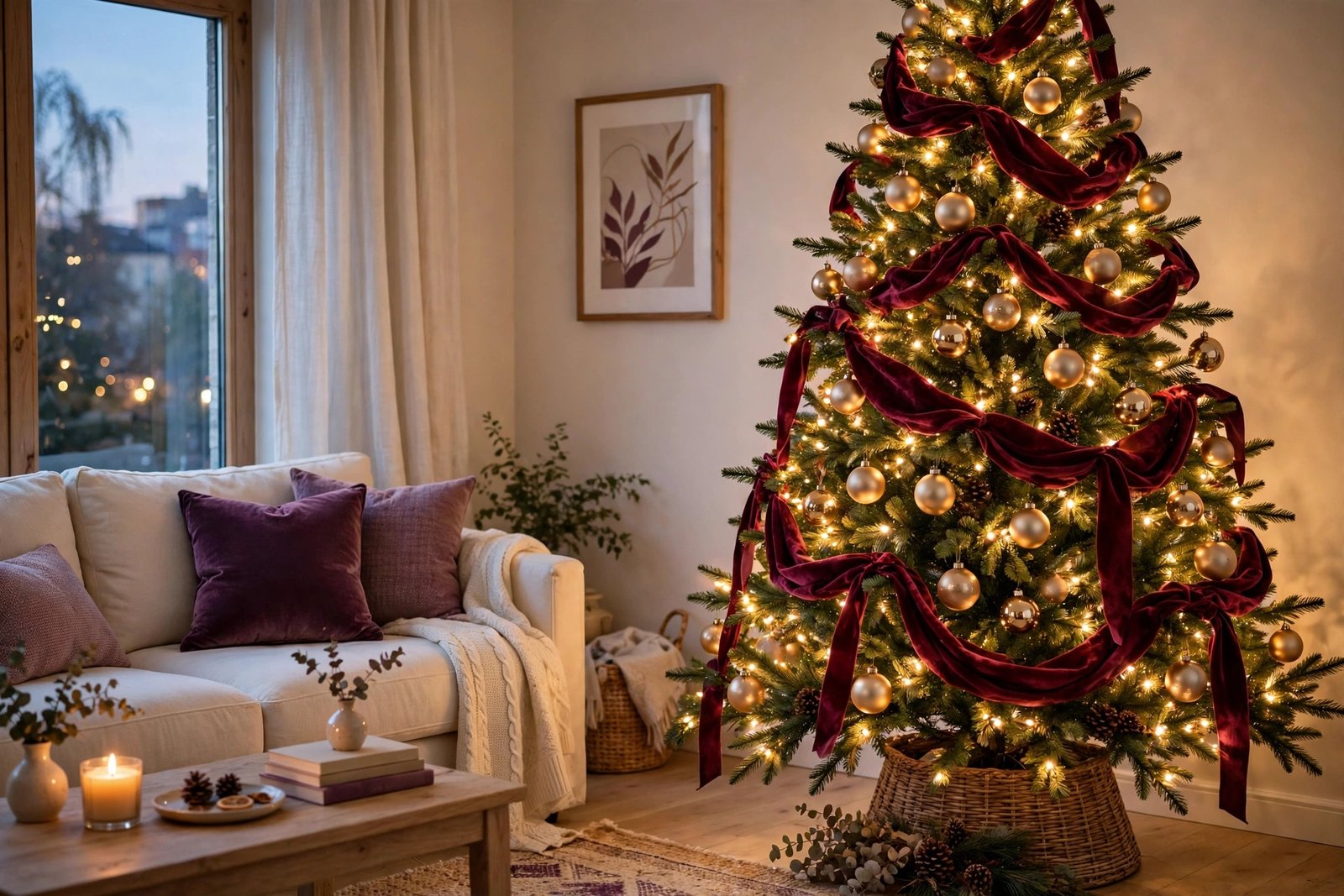 Burgundy and champagne Christmas tree decor living room