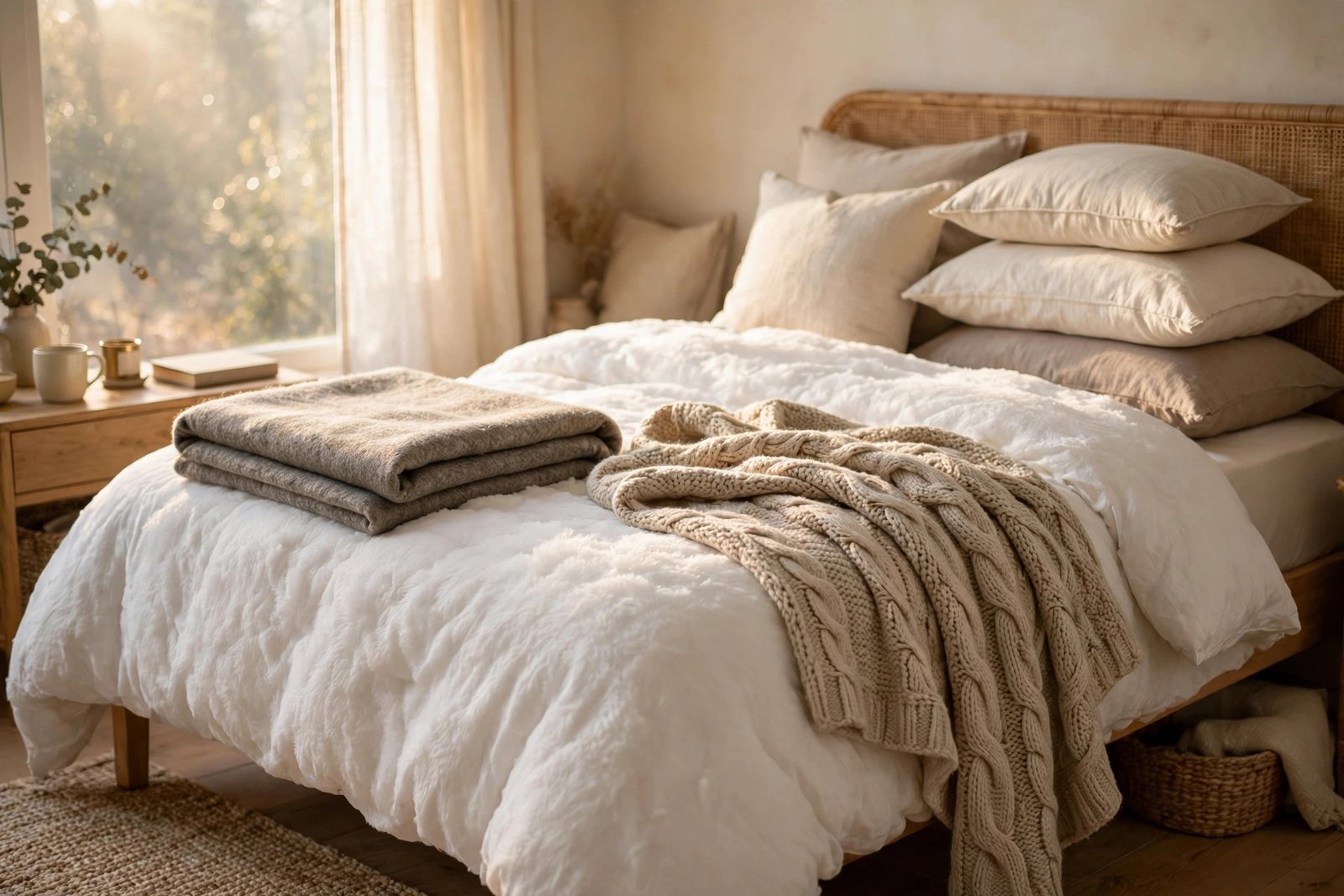 15 Cozy Winter Bedroom Ideas for a Warm, Restful Room 3 layered winter bedding with duvet and knit throw