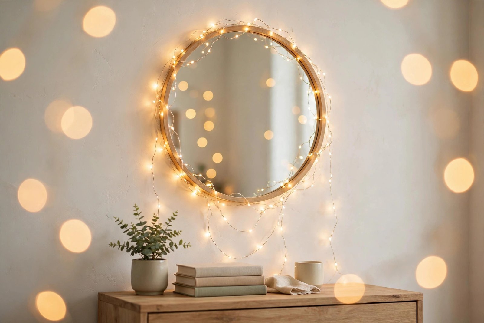 Warm fairy lights draped around a bedroom mirror for a soft cozy glow