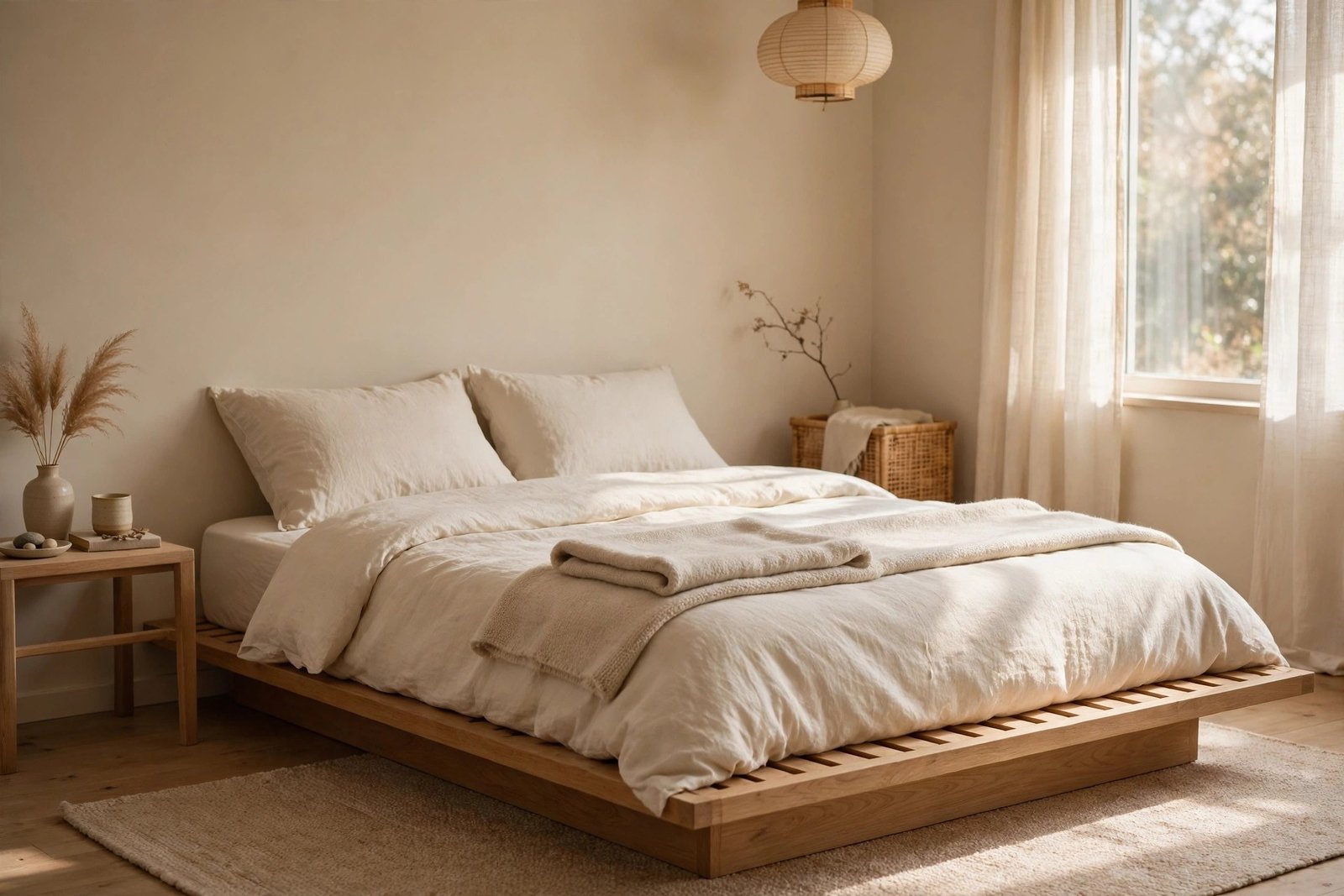 Low platform bed with cream linen bedding in a Japandi bedroom ideas design