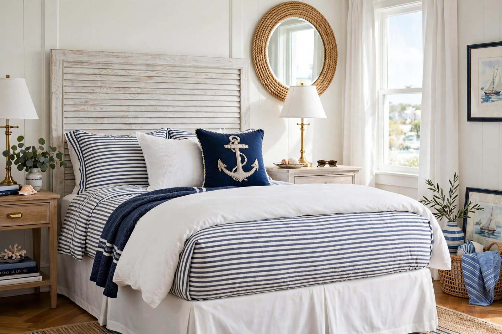 Nautical striped navy and white bedding for preppy bedroom ideas