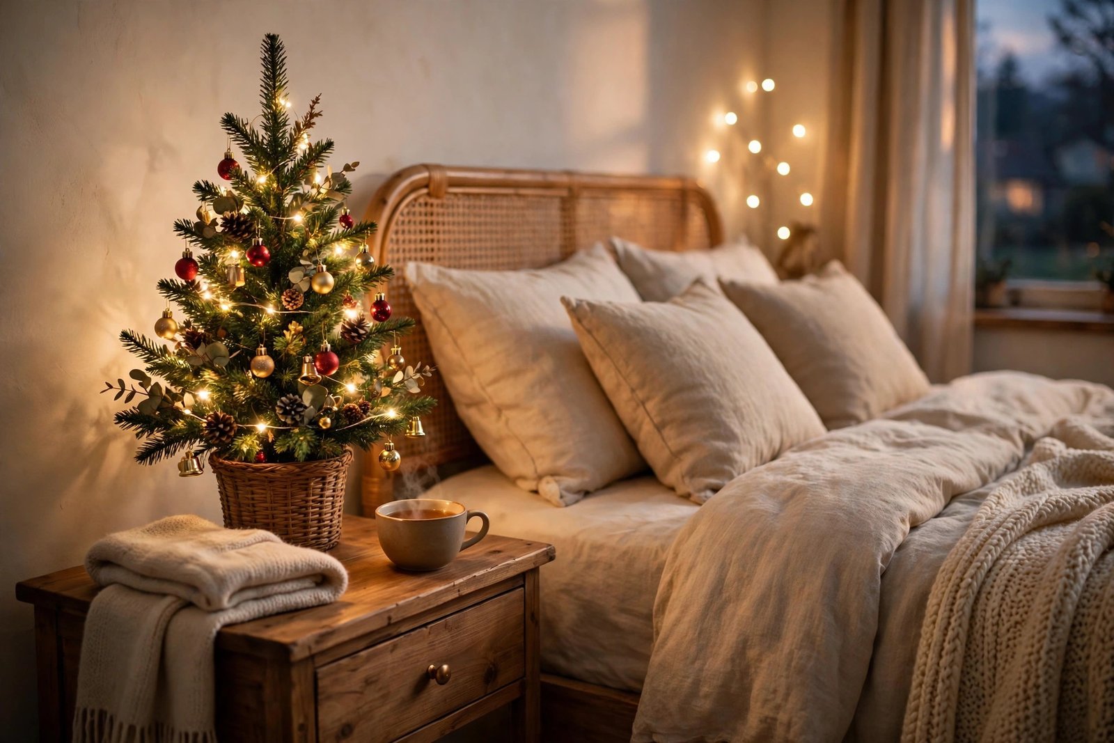 Mini christmas tree with warm fairy lights on a nightstand in a cozy christmas bedroom decor ideas setup