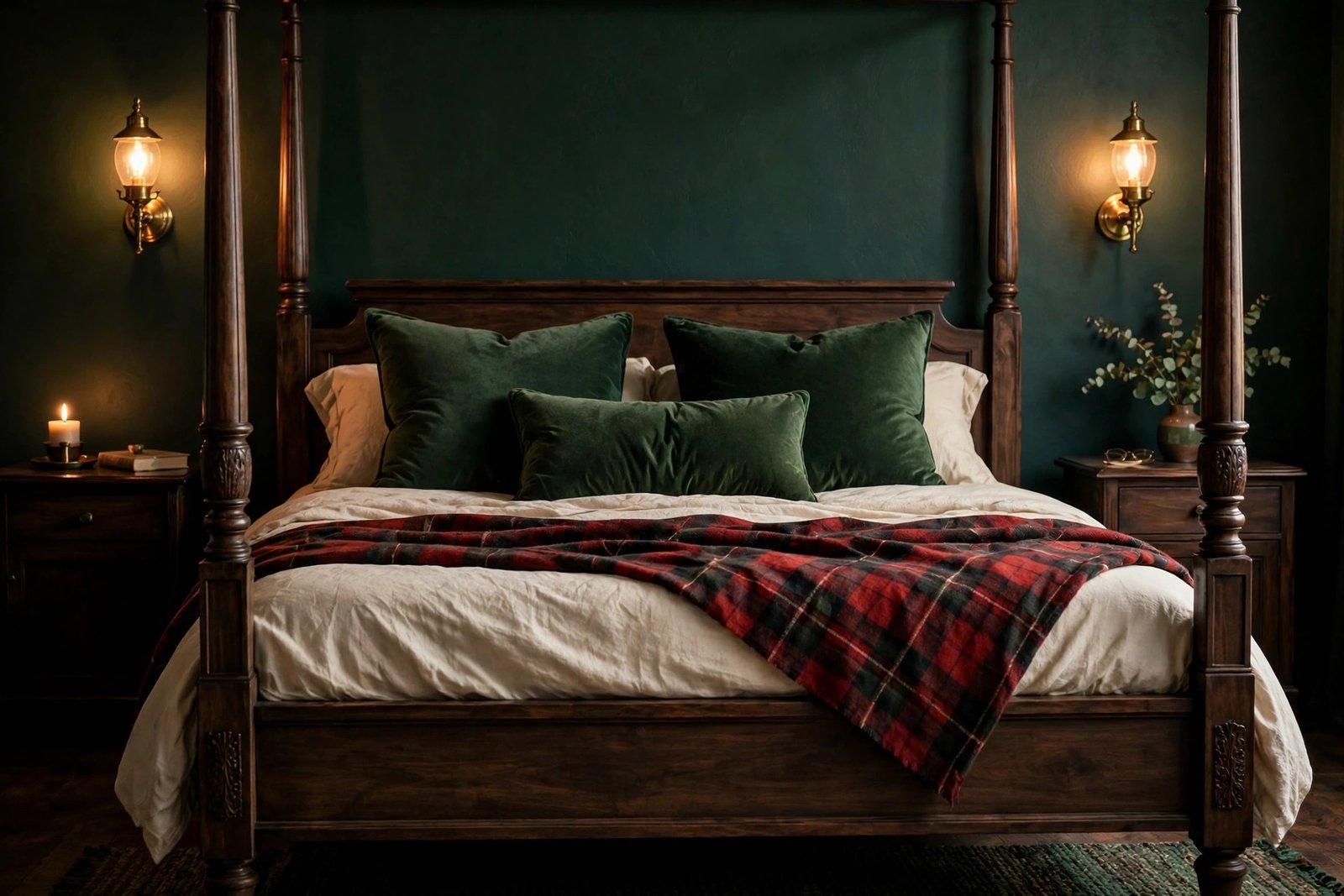15 Dark Academia Bedroom Ideas for a Moody, Bookish Retreat 3 Dark wood four-poster bed with plaid and velvet bedding in a dark academia bedroom ideas design