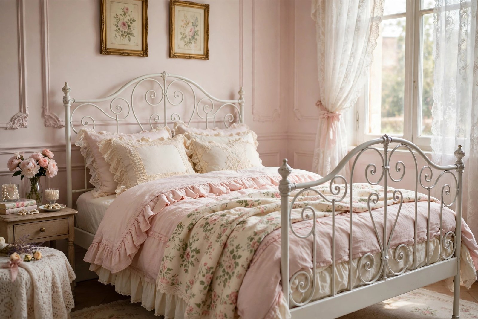 15 Coquette Bedroom Ideas for a Soft, Romantic Room 3 Vintage white bed frame with curved details and ruffled pink bedding in a coquette bedroom ideas design