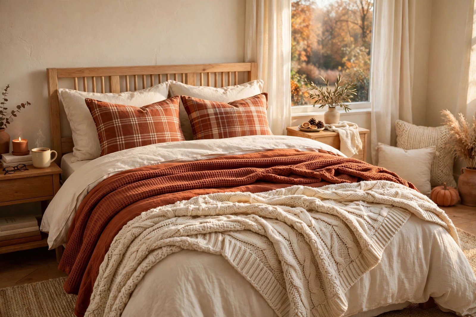 15 Cozy Fall Bedroom Ideas for a Warm Autumn Retreat 3 Layered fall bedding in rust, terracotta and cream in a cozy fall bedroom ideas design