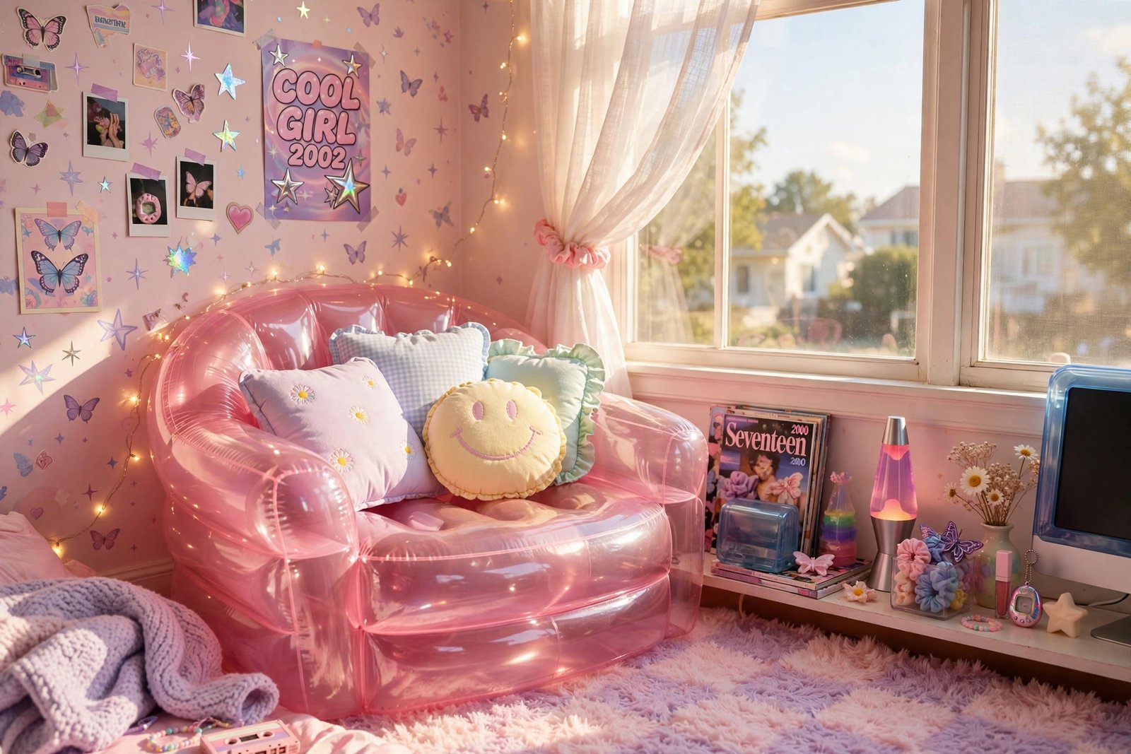 Translucent pink inflatable chair in a pastel Y2K bedroom corner