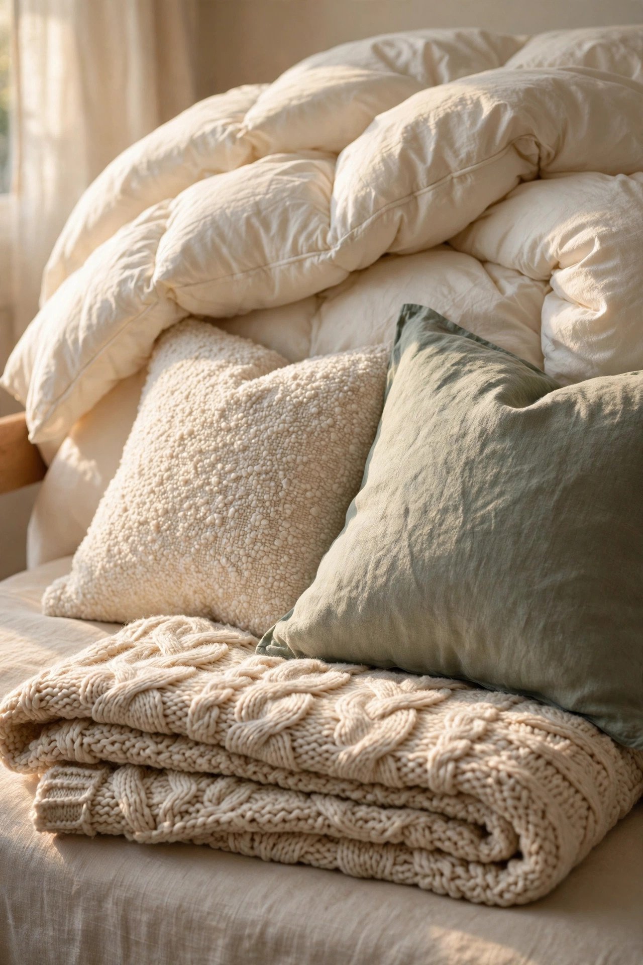Close-up of layered dorm bedding with cream duvet, knit throw blanket and textured pillows