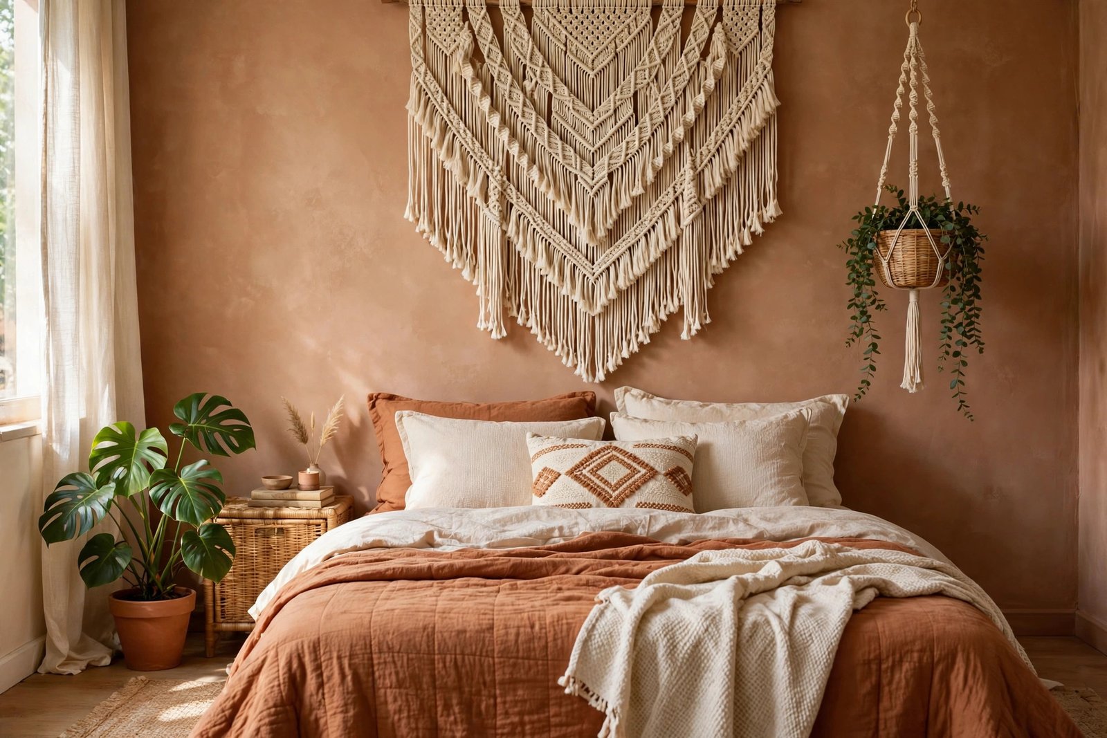 Macrame wall hanging above a boho bed with plants and warm earthy tones in a bedroom ideas design