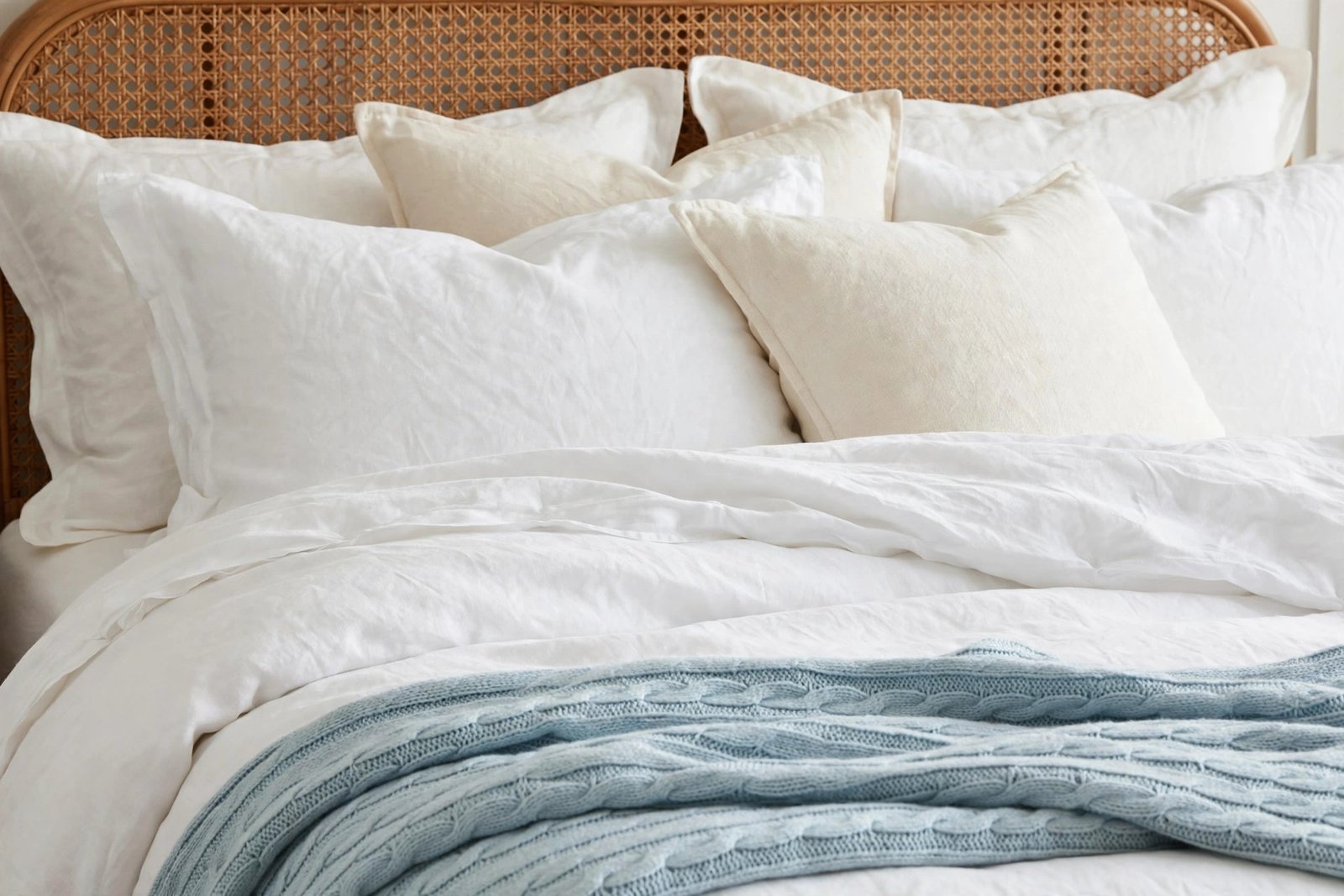 Crisp white linen bedding with layered pillows and a light blue throw in a coastal bedroom ideas design