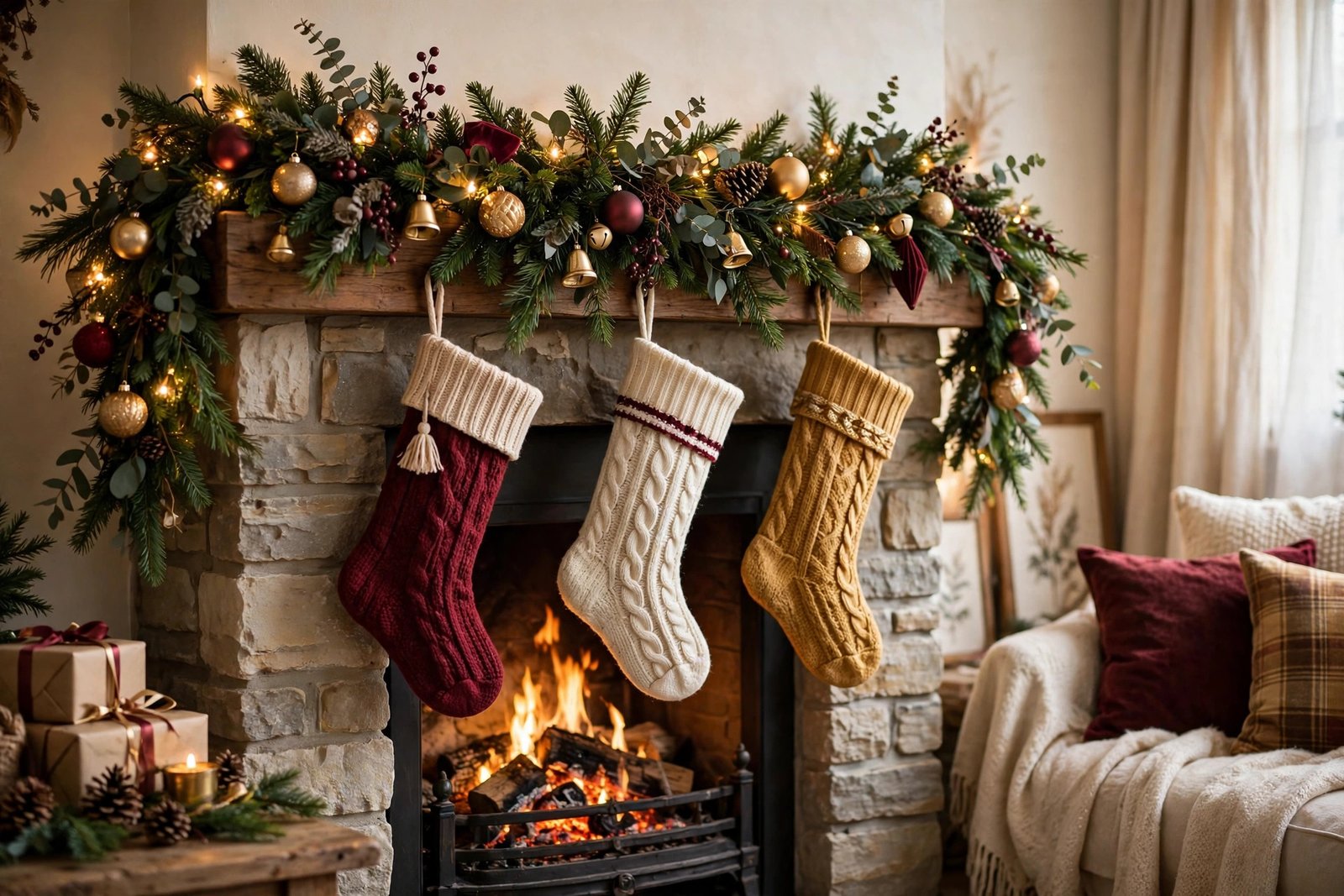 Fireplace mantel garland with warm lights and stockings