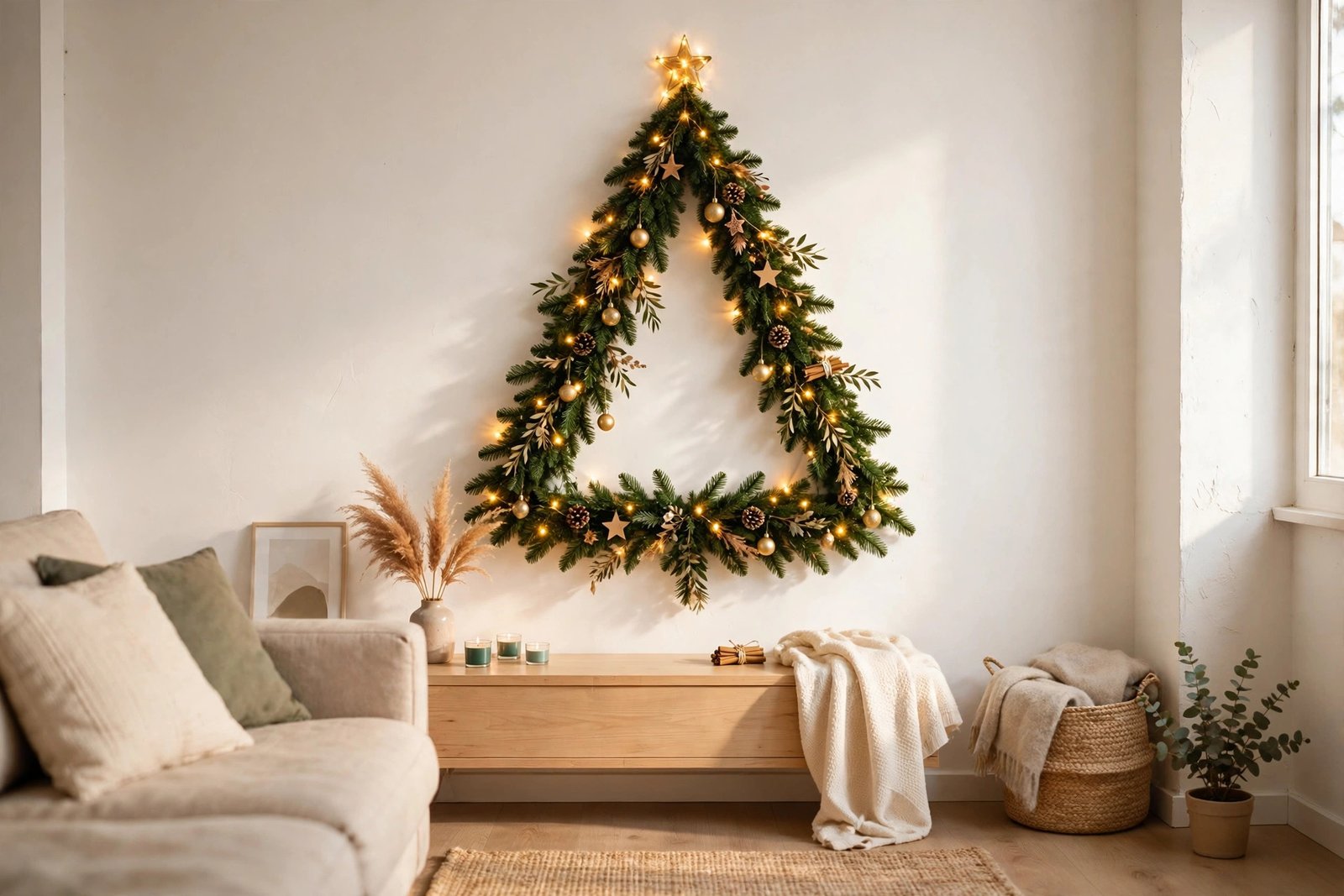 Wall-mounted Christmas tree made of garland and lights for small spaces