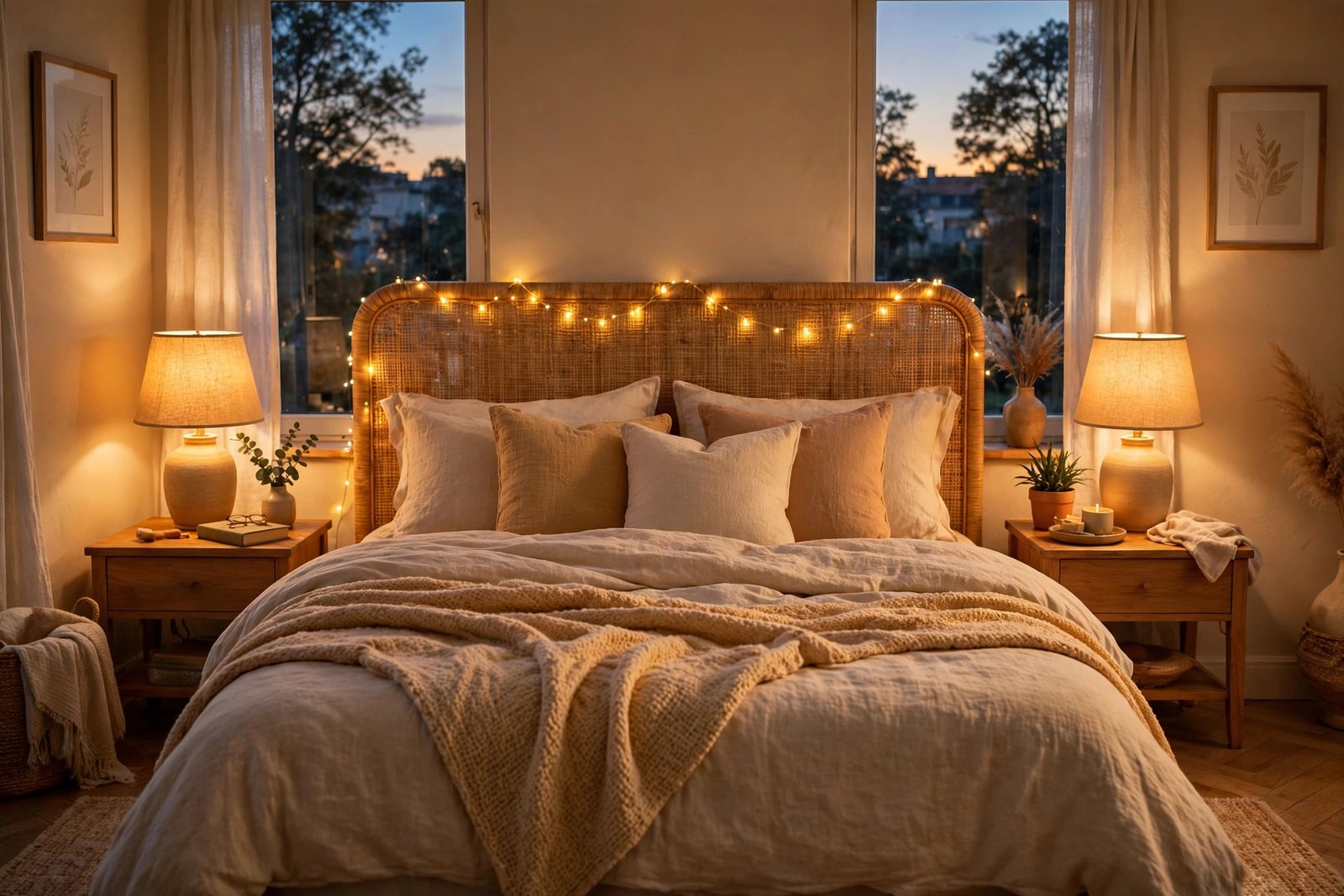 15 Cozy Winter Bedroom Ideas for a Warm, Restful Room 4 warm ambient bedroom lighting with lamps and fairy lights
