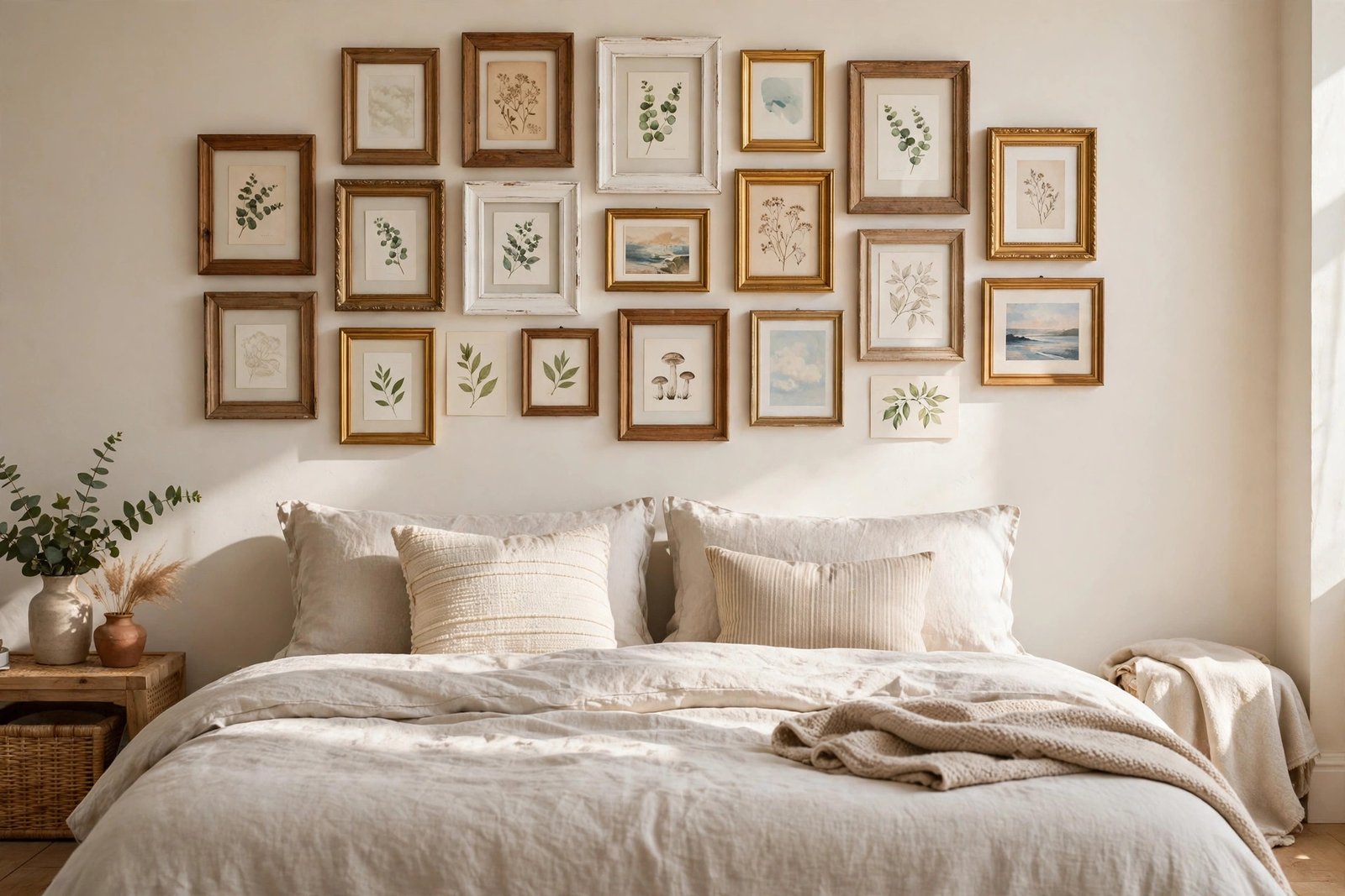 Gallery wall of mismatched thrifted picture frames above a cozy bed