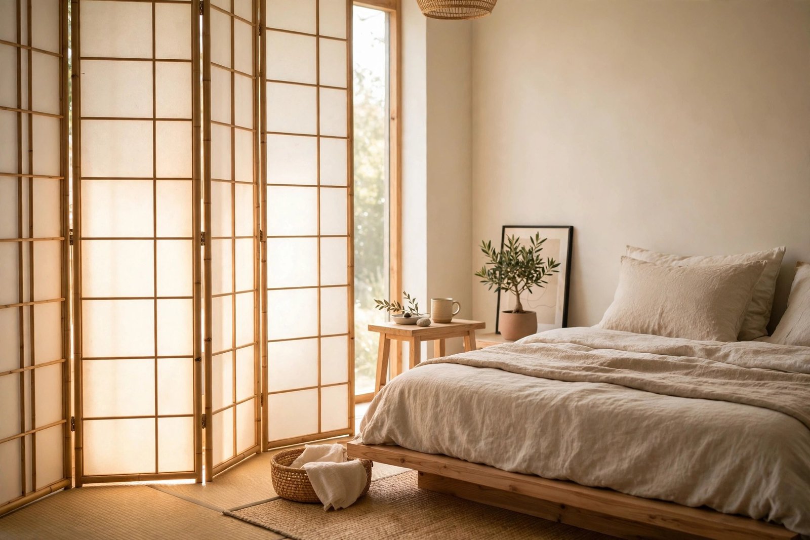 Shoji screen room divider glowing in daylight beside a Japandi style bedroom