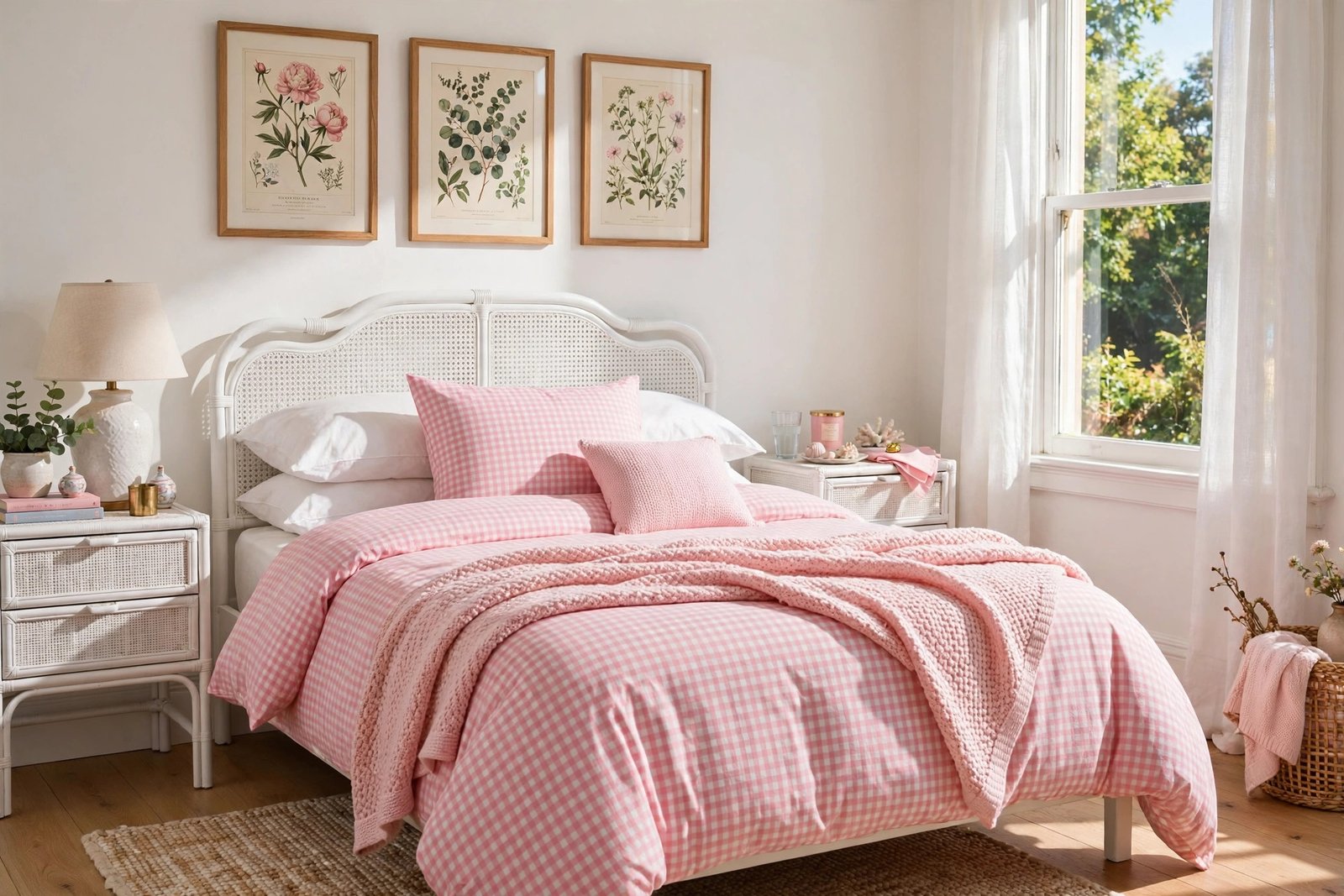 Pink gingham bedding with rattan headboard in a preppy bedroom ideas bedroom
