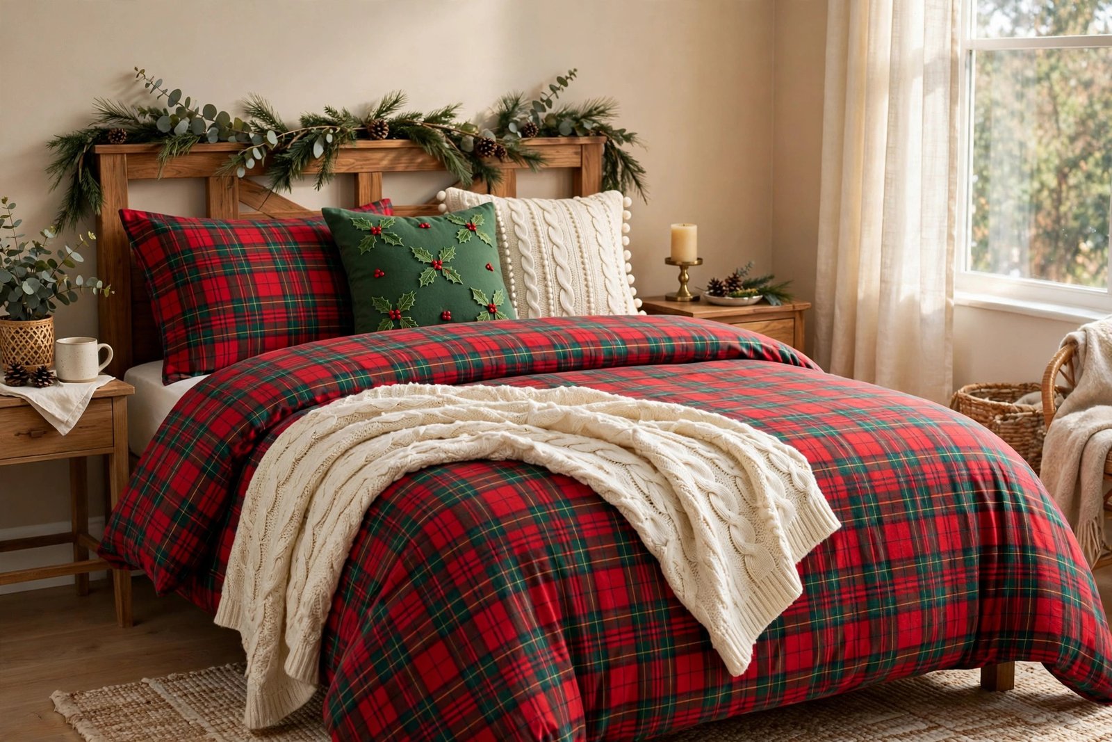 Red plaid christmas bedding with festive pillows showcasing cozy christmas bedroom decor ideas