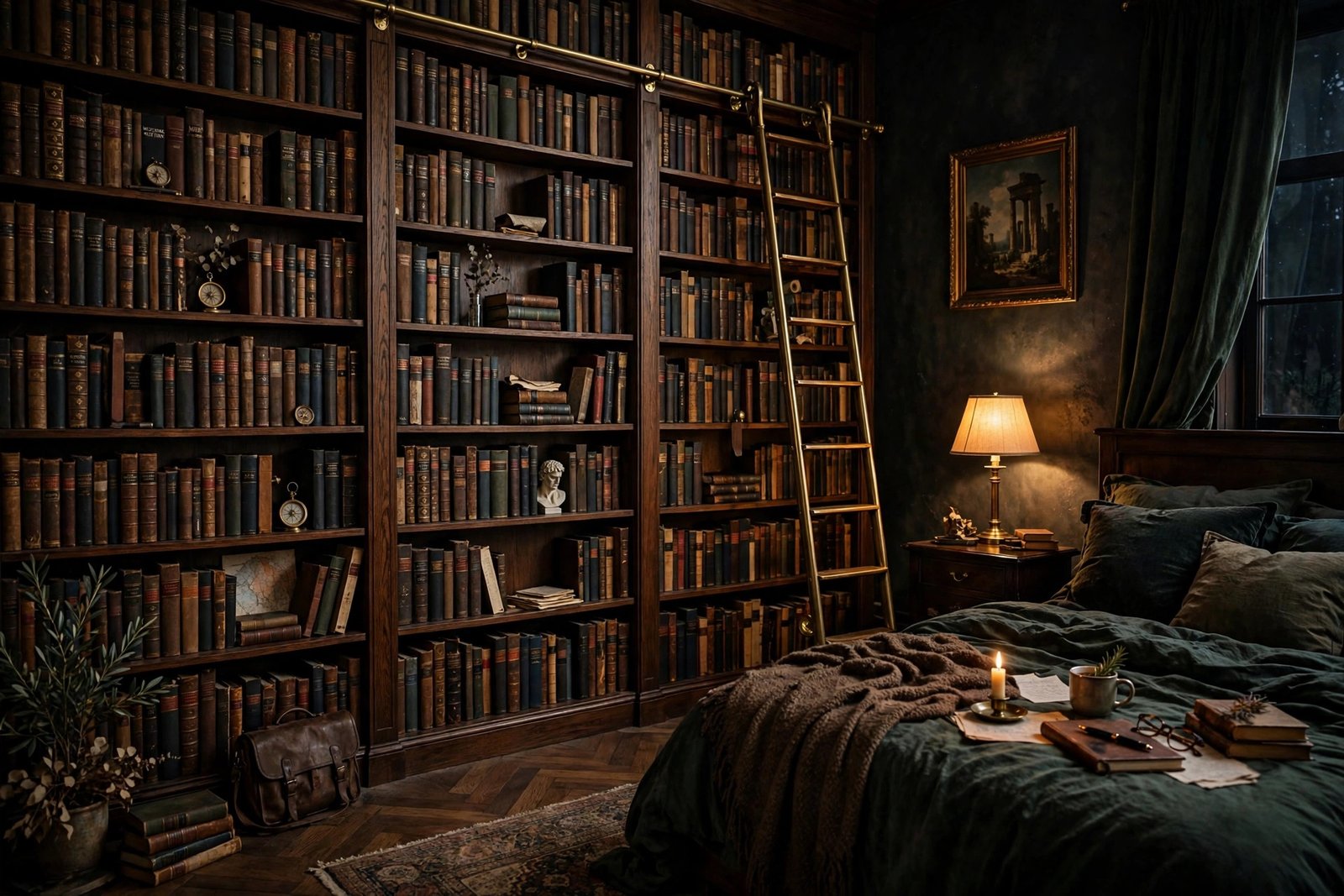15 Dark Academia Bedroom Ideas for a Moody, Bookish Retreat 4 Floor-to-ceiling library wall with a rolling ladder in a dark academia bedroom ideas design