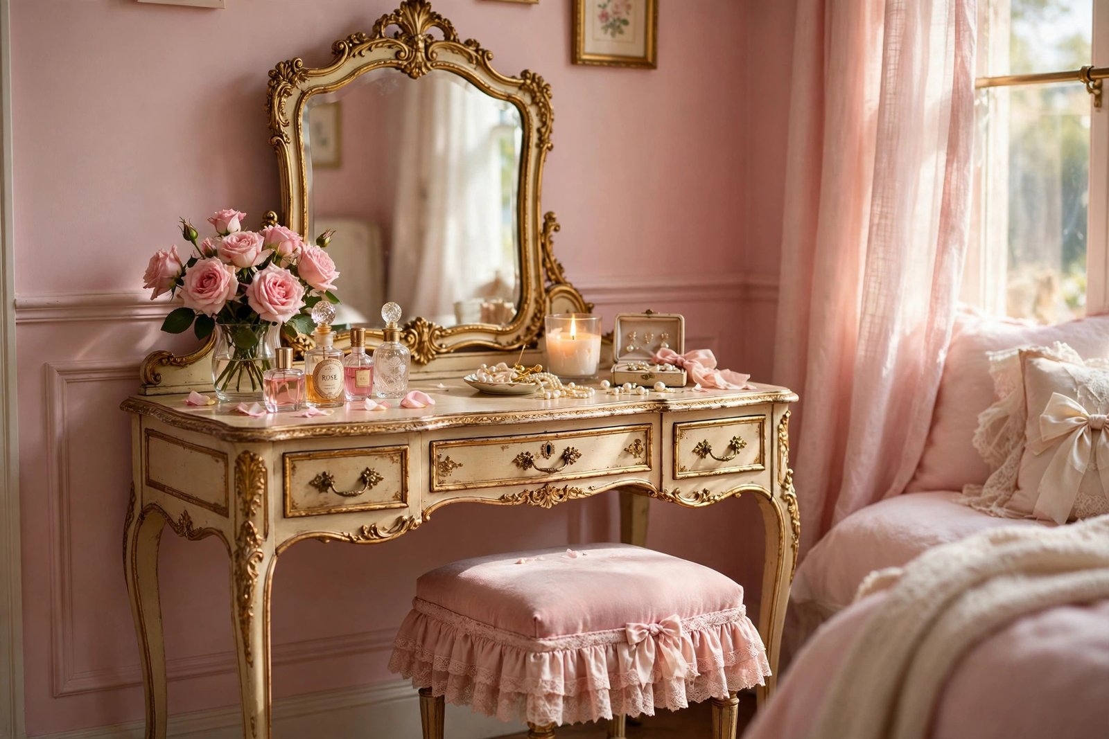 15 Coquette Bedroom Ideas for a Soft, Romantic Room 4 Vintage vanity with ornate gold mirror, perfume bottles and pink roses in a coquette bedroom ideas design