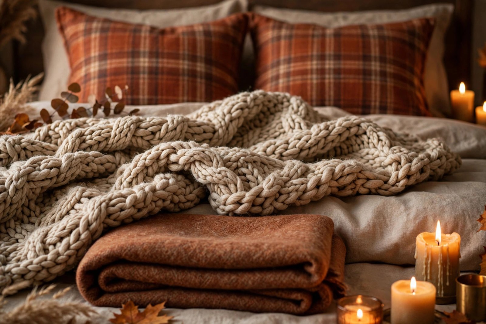 15 Cozy Fall Bedroom Ideas for a Warm Autumn Retreat 4 Chunky knit throw and plaid pillows on a cozy fall bedroom bed
