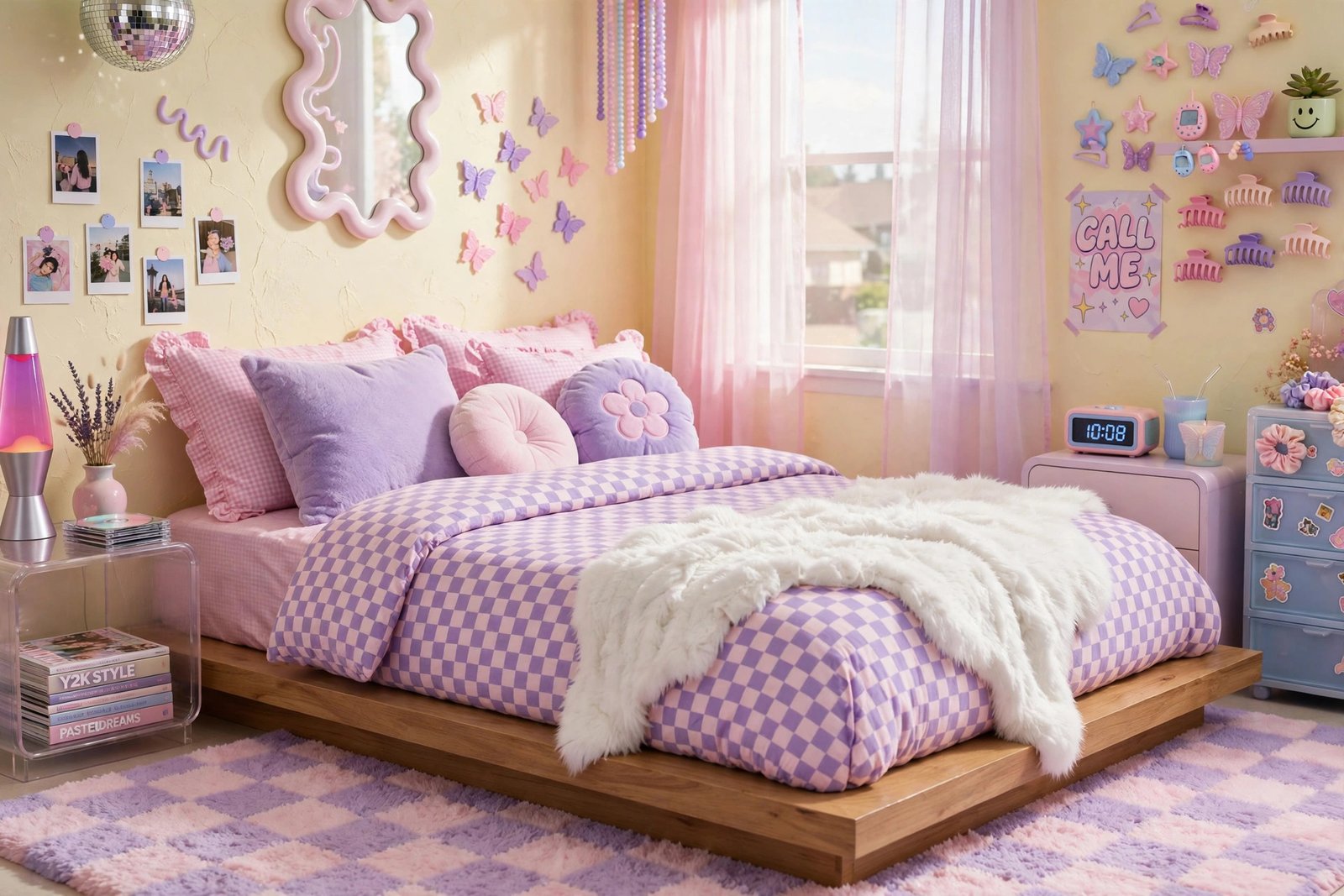 Low platform bed with pastel checkerboard bedding for a Y2K bedroom