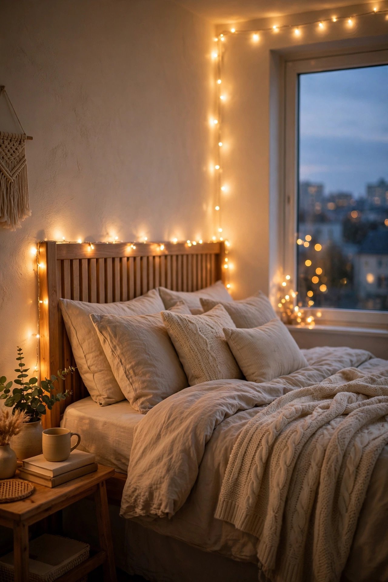 Warm fairy string lights glowing above a cozy dorm bed at dusk