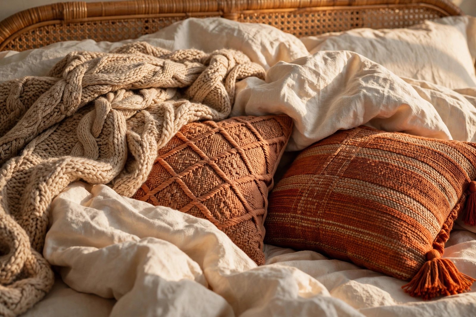 Layered textiles with chunky knit throw, linen bedding and woven cushions in a boho bedroom ideas design