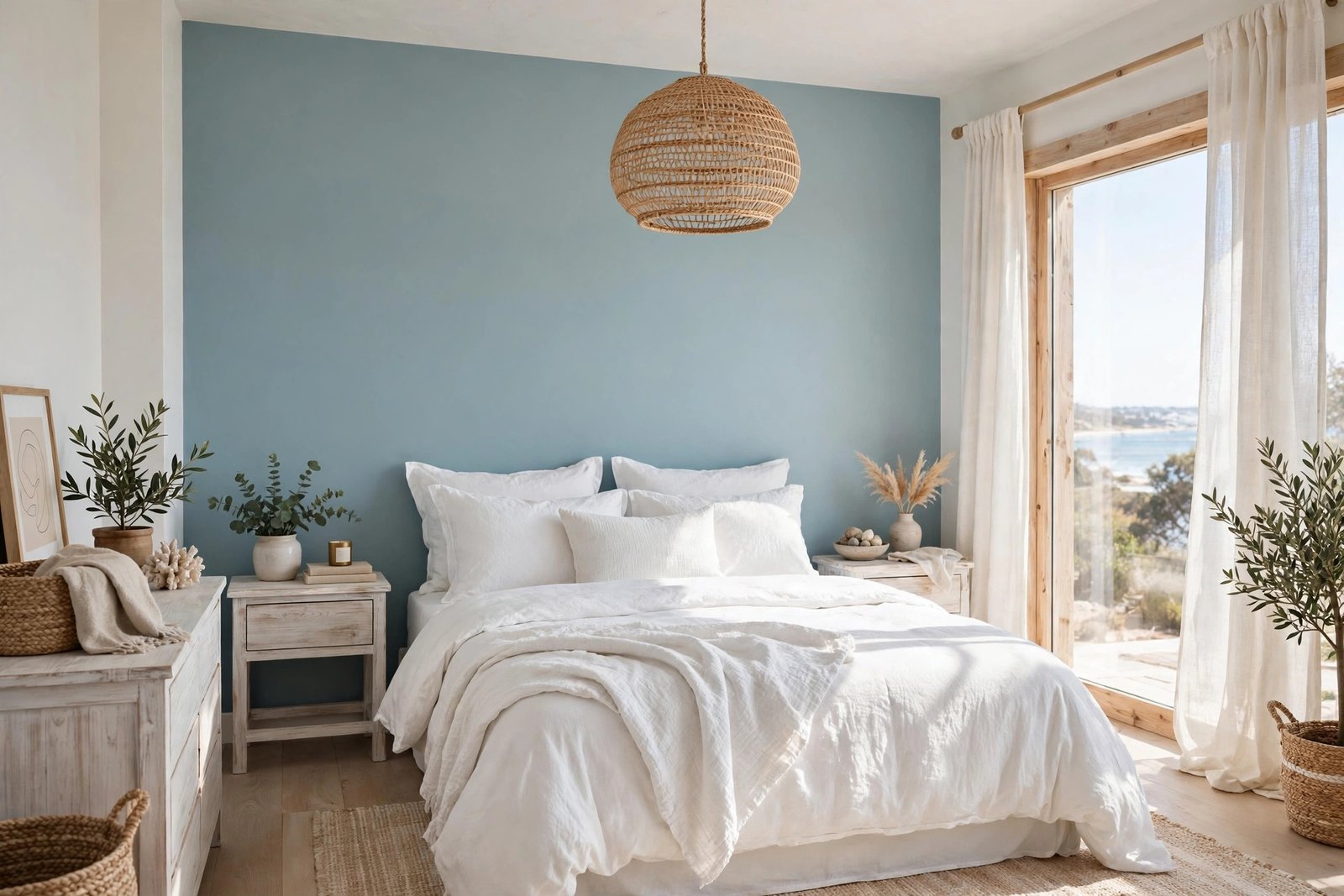 Sea blue accent wall with white coastal bedroom furniture and natural light in a coastal bedroom ideas design