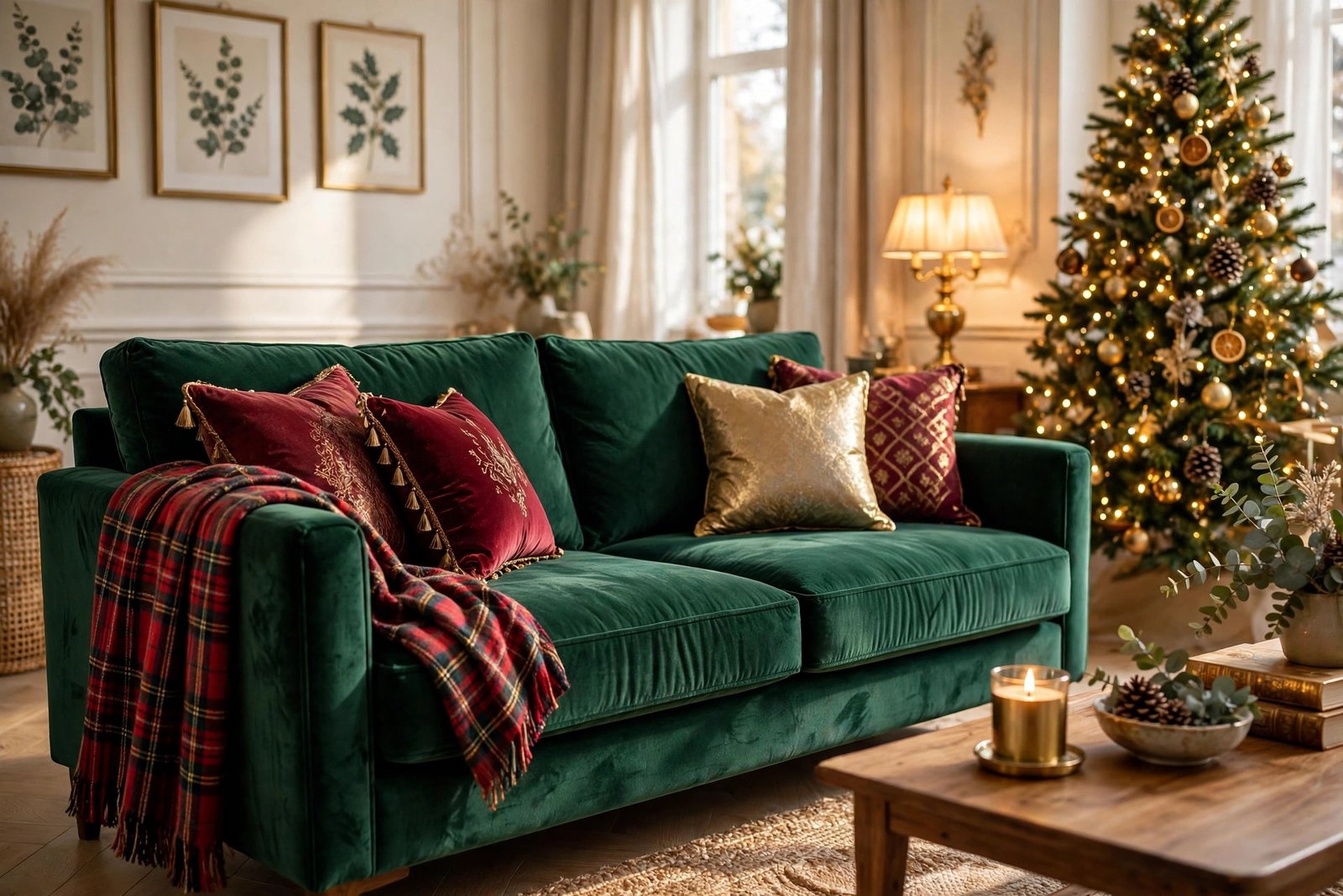 Emerald green velvet sofa Christmas living room decor