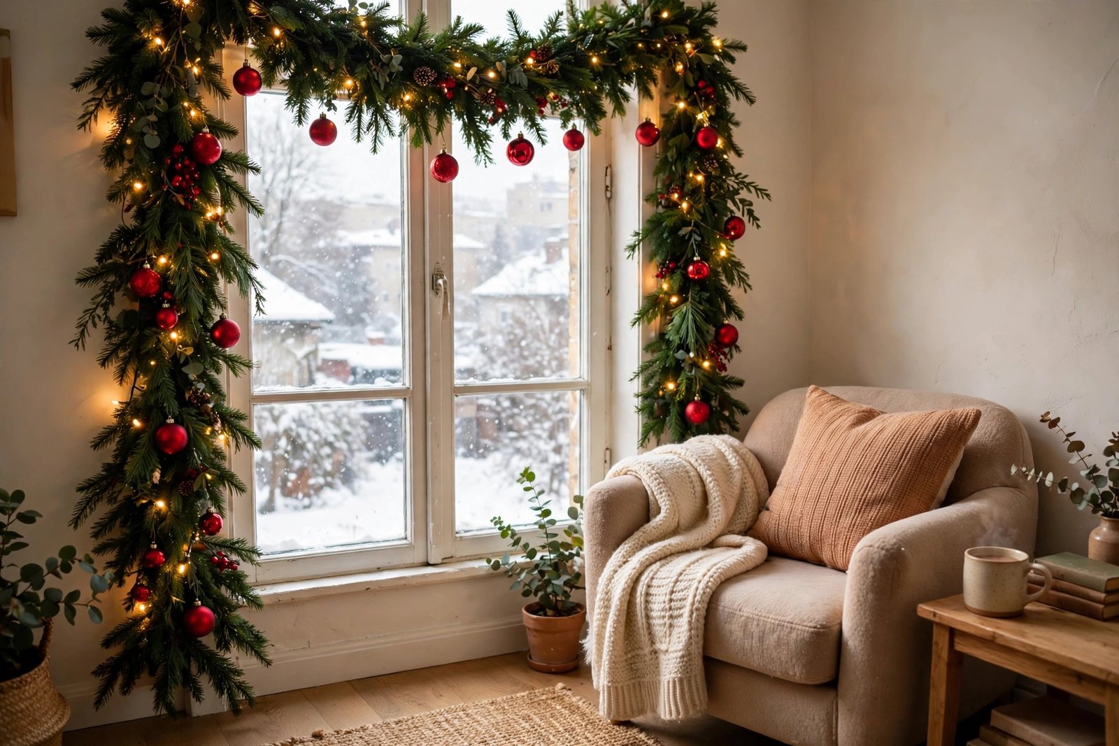 Christmas window garland with fairy lights in a small apartment