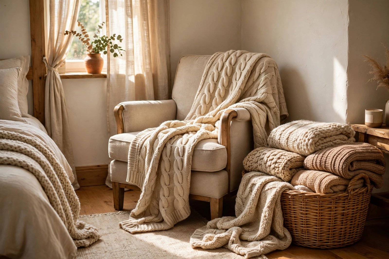 15 Cozy Winter Bedroom Ideas for a Warm, Restful Room 5 chunky knit blankets and textured winter throws