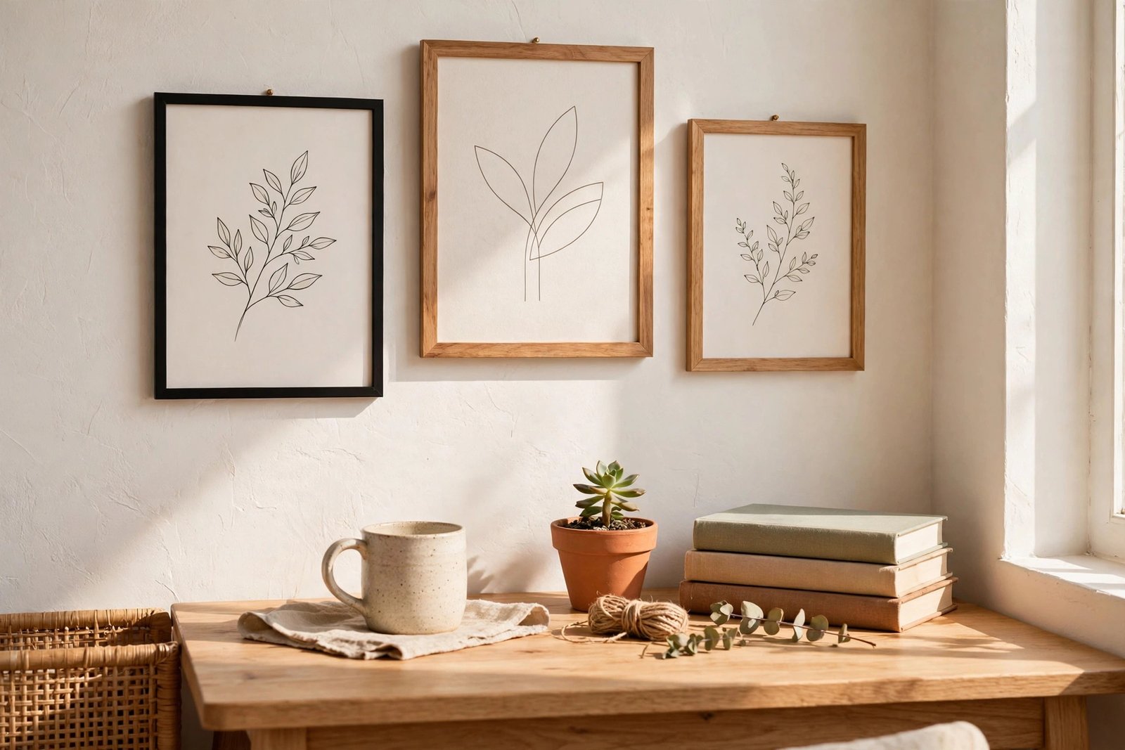 Framed printable art prints in inexpensive frames above a small desk