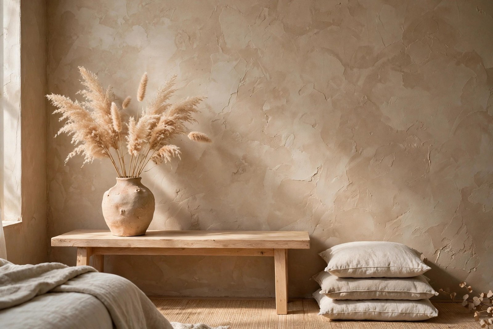 Wabi-sabi ceramics and textured wall in a calm Japandi bedroom ideas corner