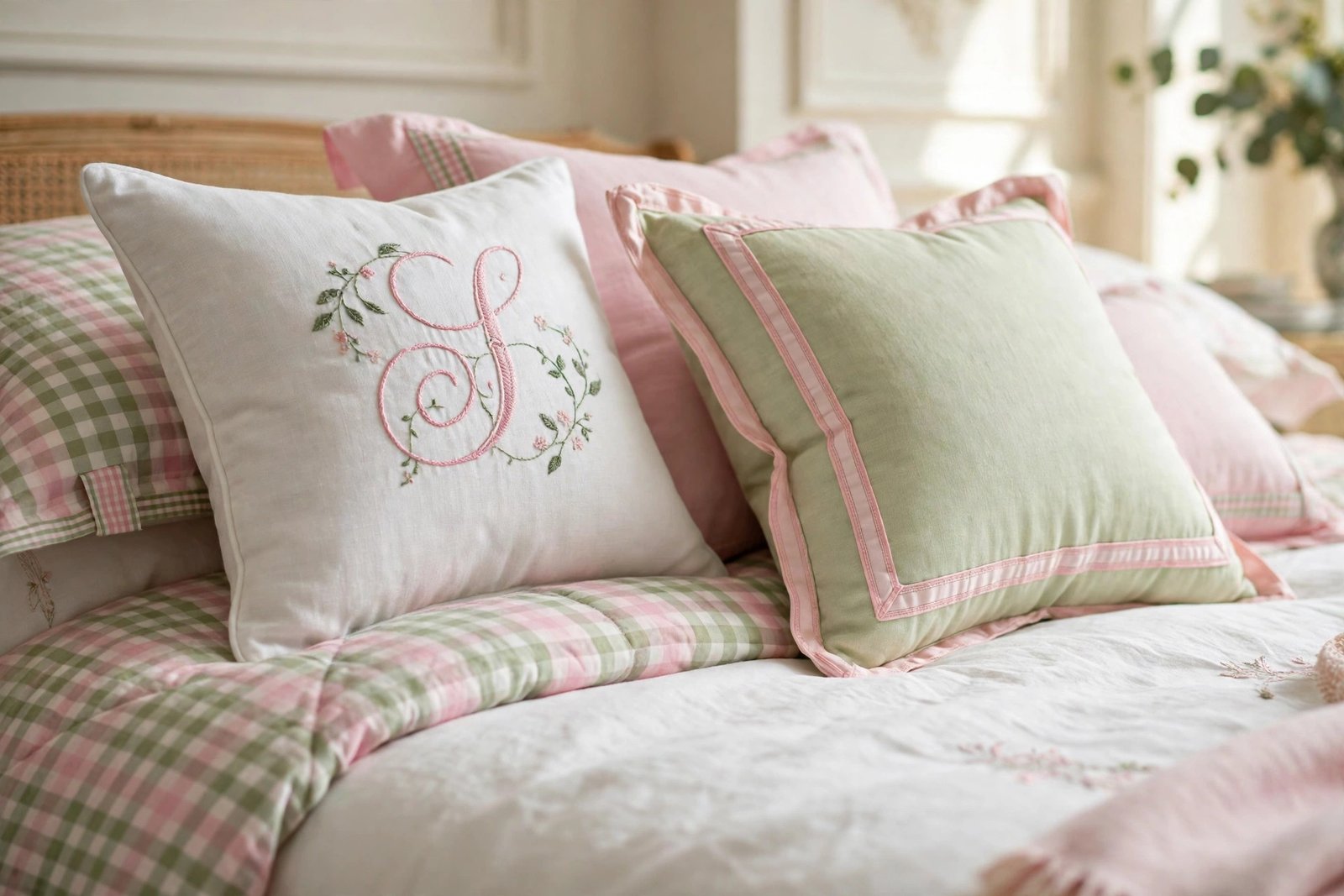 Monogrammed throw pillow with embroidered script letter in preppy bedroom ideas styling