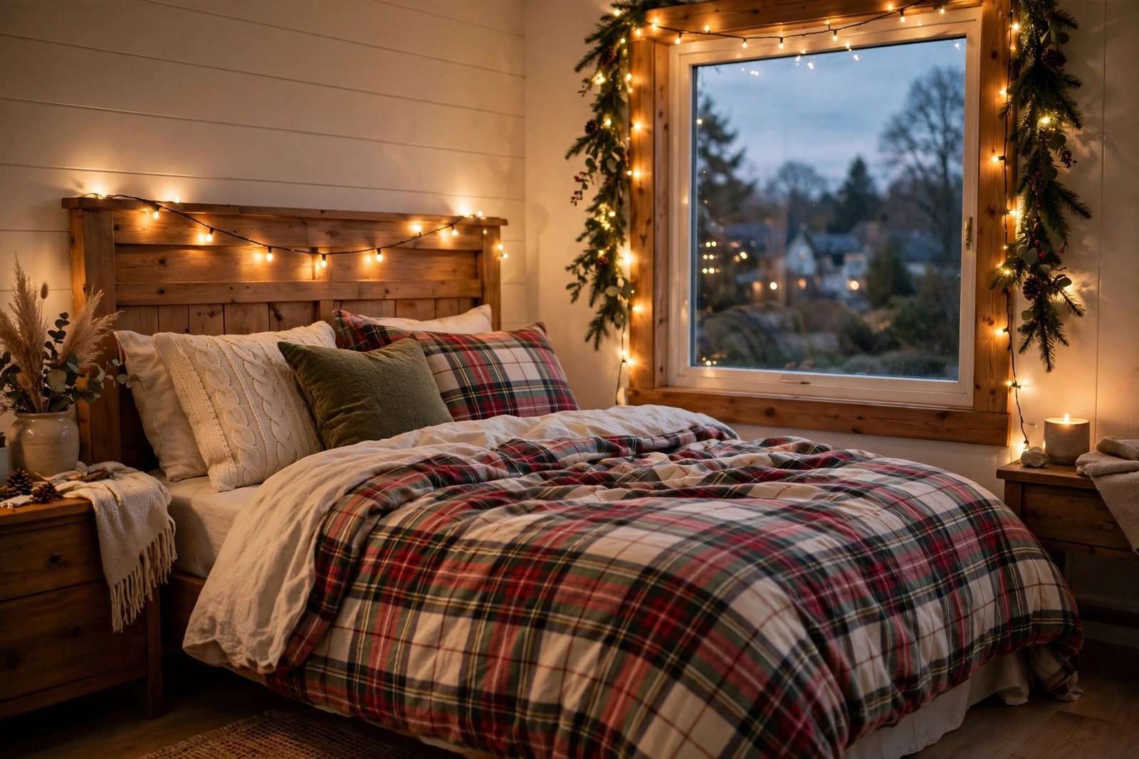Bedroom at dusk with warm fairy lights around the headboard, a cozy christmas bedroom decor ideas glow