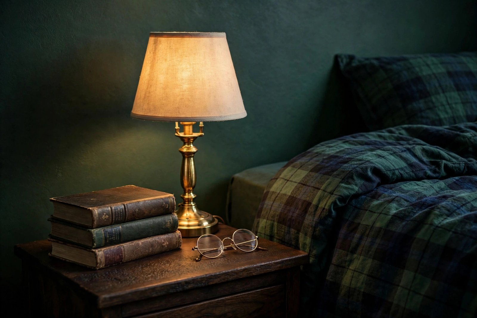 15 Dark Academia Bedroom Ideas for a Moody, Bookish Retreat 6 Brass bedside lamp with old books and spectacles on a dark wood nightstand in a dark academia bedroom